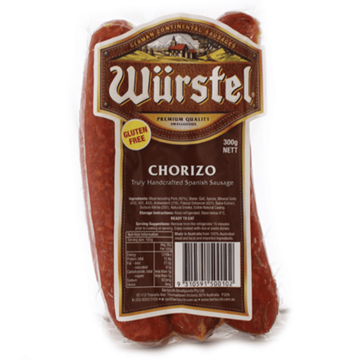 Wurstel Chorizo | Auckland Grocery Delivery Get Wurstel Chorizo delivered to your doorstep by your local Auckland grocery delivery. Shop Paddock To Pantry. Convenient online food shopping in NZ | Grocery Delivery Auckland | Grocery Delivery Nationwide | Fruit Baskets NZ | Online Food Shopping NZ Wurstel Chorizo 300g is a flavourful and spicy sausage made with high-quality pork and seasoned with a blend of traditional spices. Delivered to your doorstep with Auckland grocery delivery from Paddock To Pantry. C