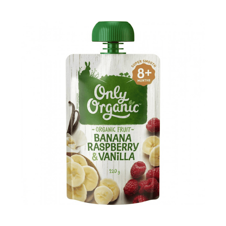 Only Organic 8+Months Ban/Ras/Van 120g | Auckland Grocery Delivery Get Only Organic 8+Months Ban/Ras/Van 120g delivered to your doorstep by your local Auckland grocery delivery. Shop Paddock To Pantry. Convenient online food shopping in NZ | Grocery Delivery Auckland | Grocery Delivery Nationwide | Fruit Baskets NZ | Online Food Shopping NZ Only Organic 8+ Months 120g Smooth blend of banana raspberry & vanilla is perfect for babies as it is naturally sweet and easy to swallow. 