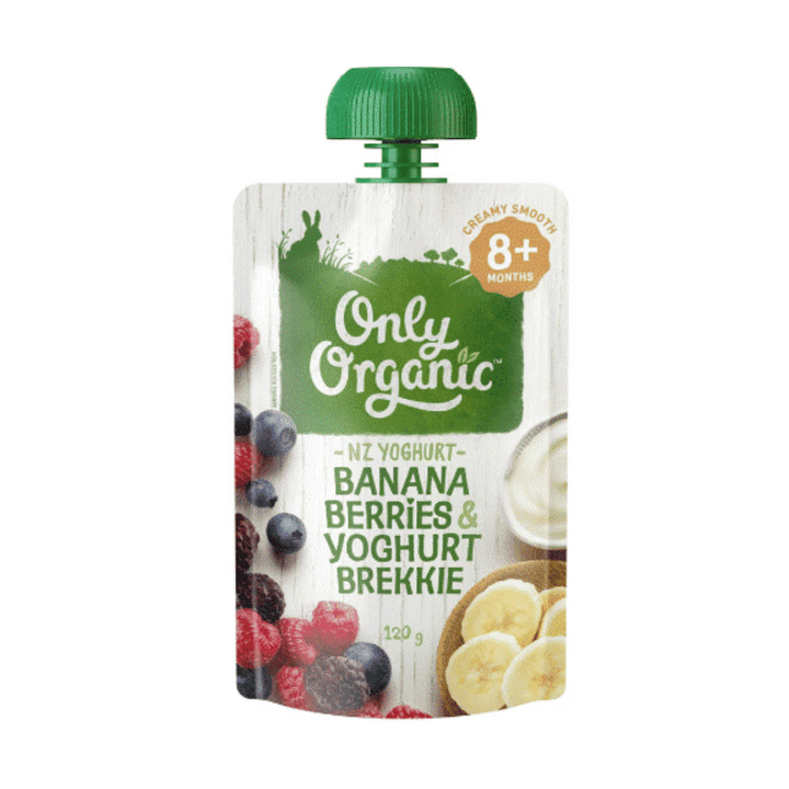 Only Organic 8+Months Bana/Ber/Yog 120g | Auckland Grocery Delivery Get Only Organic 8+Months Bana/Ber/Yog 120g delivered to your doorstep by your local Auckland grocery delivery. Shop Paddock To Pantry. Convenient online food shopping in NZ | Grocery Delivery Auckland | Grocery Delivery Nationwide | Fruit Baskets NZ | Online Food Shopping NZ Only Organic 8+Months 120g Banana, Berries & Yoghurt Brekkie is made from New Zealand organic whole milk yoghurt and delicious banana and berry purees. 