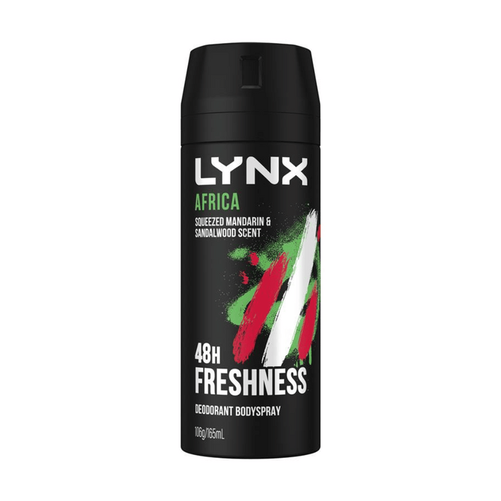 LYNX Africa Deodorant 165ml Body Spray | Auckland Grocery Delivery Get LYNX Africa Deodorant 165ml Body Spray delivered to your doorstep by your local Auckland grocery delivery. Shop Paddock To Pantry. Convenient online food shopping in NZ | Grocery Delivery Auckland | Grocery Delivery Nationwide | Fruit Baskets NZ | Online Food Shopping NZ LYNX Africa Deodorant Body Spray 165ml This classic fragrance is designed to keep you cool no matter where the heat's coming from.