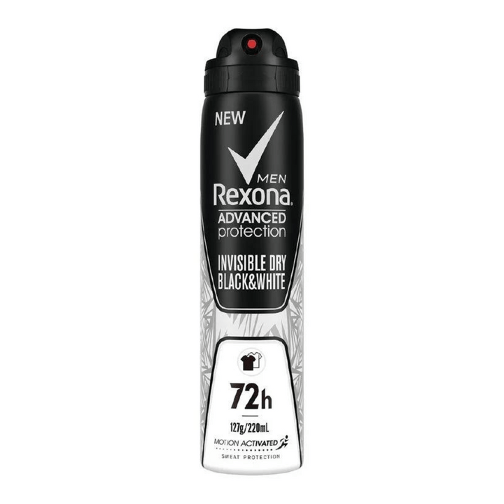Rexona Advanced Black and White 220ml Antiperspirant | Auckland Grocery Delivery Get Rexona Advanced Black and White 220ml Antiperspirant delivered to your doorstep by your local Auckland grocery delivery. Shop Paddock To Pantry. Convenient online food shopping in NZ | Grocery Delivery Auckland | Grocery Delivery Nationwide | Fruit Baskets NZ | Online Food Shopping NZ Rexona Black and White Antiperspirant Specially formulated to keep men protected from sweat and odour for up to 72 hours and keep you fresh t