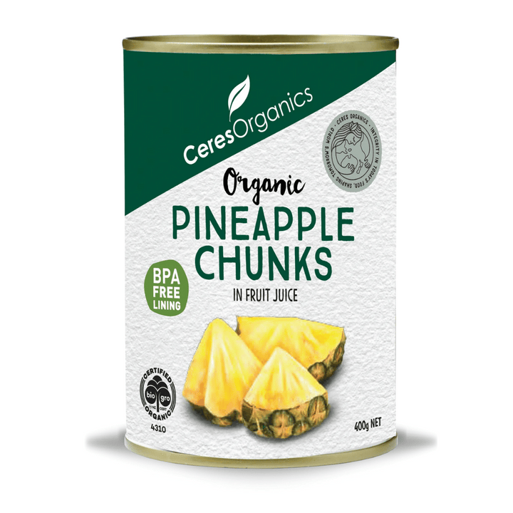 Ceres Organics Pineapple Chunks in Fruit Juice 400g | Auckland Grocery Delivery Get Ceres Organics Pineapple Chunks in Fruit Juice 400g delivered to your doorstep by your local Auckland grocery delivery. Shop Paddock To Pantry. Convenient online food shopping in NZ | Grocery Delivery Auckland | Grocery Delivery Nationwide | Fruit Baskets NZ | Online Food Shopping NZ Ceres Organics Pineapple Chunks in Fruit Juice Carefully selected organically grown pineapples.