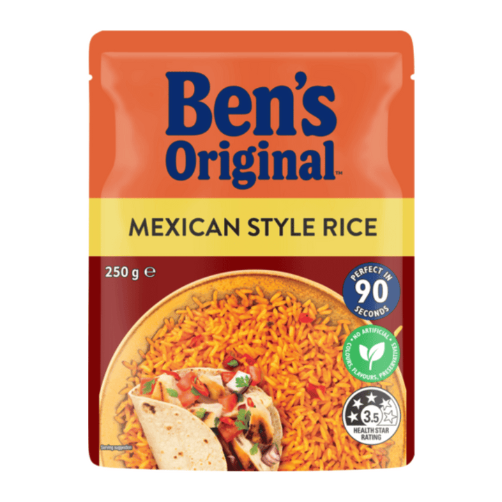 Bens Mexican Style rice 250g | Auckland Grocery Delivery Get Bens Mexican Style rice 250g delivered to your doorstep by your local Auckland grocery delivery. Shop Paddock To Pantry. Convenient online food shopping in NZ | Grocery Delivery Auckland | Grocery Delivery Nationwide | Fruit Baskets NZ | Online Food Shopping NZ Bens Mexican Style Rice 250g BEN'S ORIGINAL Mexican Style Microwave Rice is made with carefully selected rice, tomato, capsicum and jalapenos. 