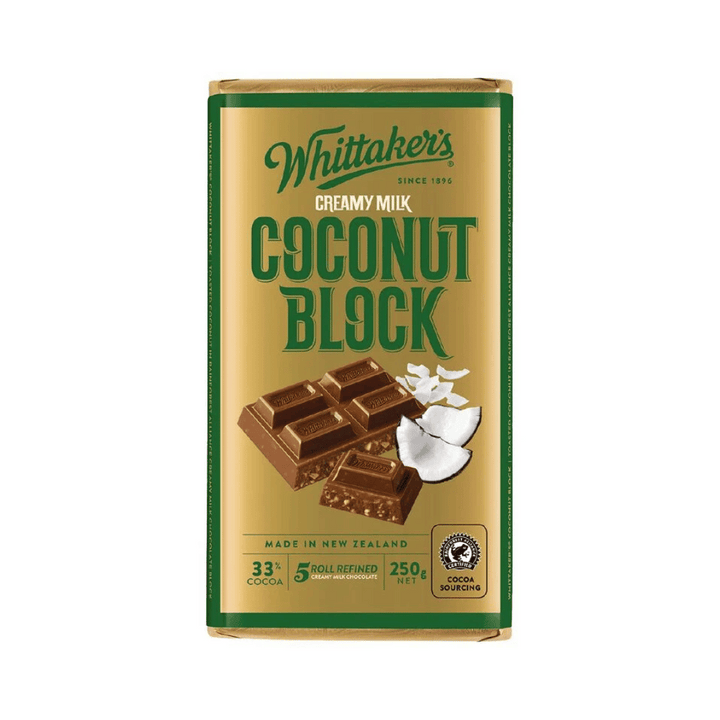 Whittaker's Coconut Block 250g | Auckland Grocery Delivery Get Whittaker's Coconut Block 250g delivered to your doorstep by your local Auckland grocery delivery. Shop Paddock To Pantry. Convenient online food shopping in NZ | Grocery Delivery Auckland | Grocery Delivery Nationwide | Fruit Baskets NZ | Online Food Shopping NZ Whittakers Coconut Block offers a delicious blend of smooth milk chocolate and crunchy coconut pieces. Enjoy the tropical twist in this chocolate block.