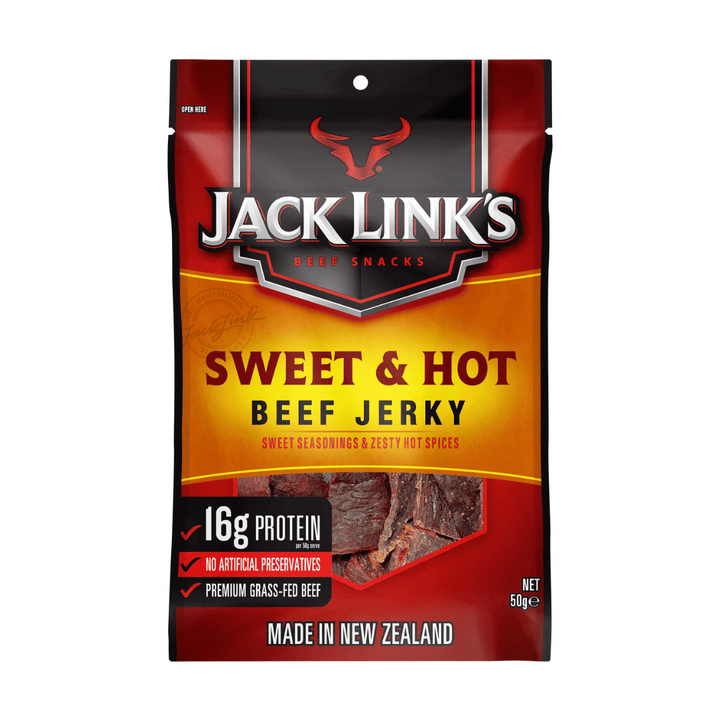 Jack Links Beef Jerky Sweet and Hot 50g | Auckland Grocery Delivery Get Jack Links Beef Jerky Sweet and Hot 50g delivered to your doorstep by your local Auckland grocery delivery. Shop Paddock To Pantry. Convenient online food shopping in NZ | Grocery Delivery Auckland | Grocery Delivery Nationwide | Fruit Baskets NZ | Online Food Shopping NZ Jack Links Beef Jerky Sweet and Hot 50g Made with high-quality beef, this jerky is a delicious and satisfying treat. Delivered 7 days NZ wide.