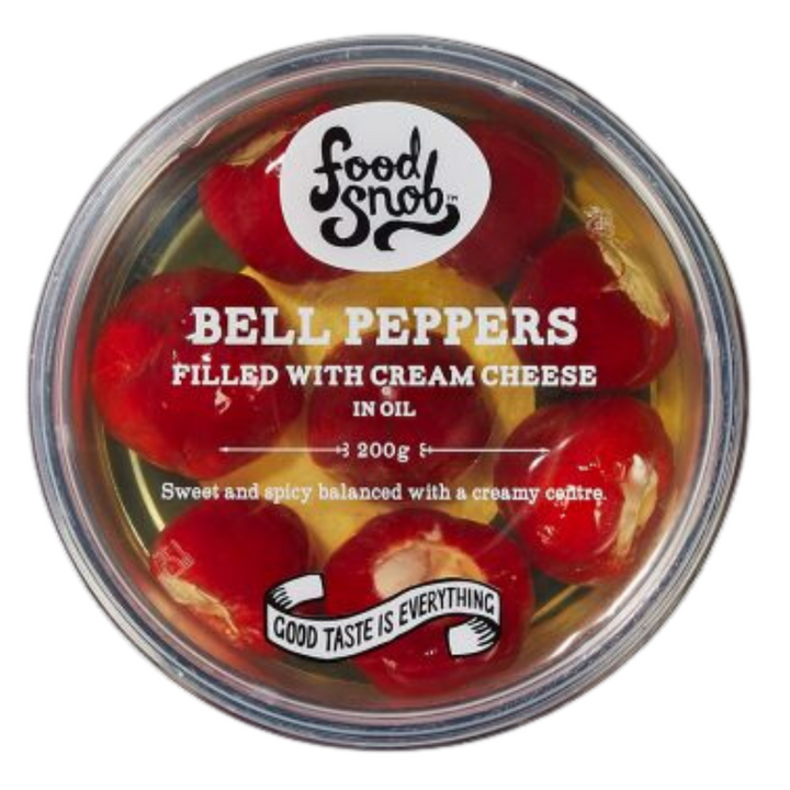 Food Snob Bell Peppers with Cream Cheese 200g | Auckland Grocery Delivery Get Food Snob Bell Peppers with Cream Cheese 200g delivered to your doorstep by your local Auckland grocery delivery. Shop Paddock To Pantry. Convenient online food shopping in NZ | Grocery Delivery Auckland | Grocery Delivery Nationwide | Fruit Baskets NZ | Online Food Shopping NZ These crunchy sweet & spicy bell peppers are filled with 100% cream cheese. Grocery Delivery Auckland | NZ wide delivery