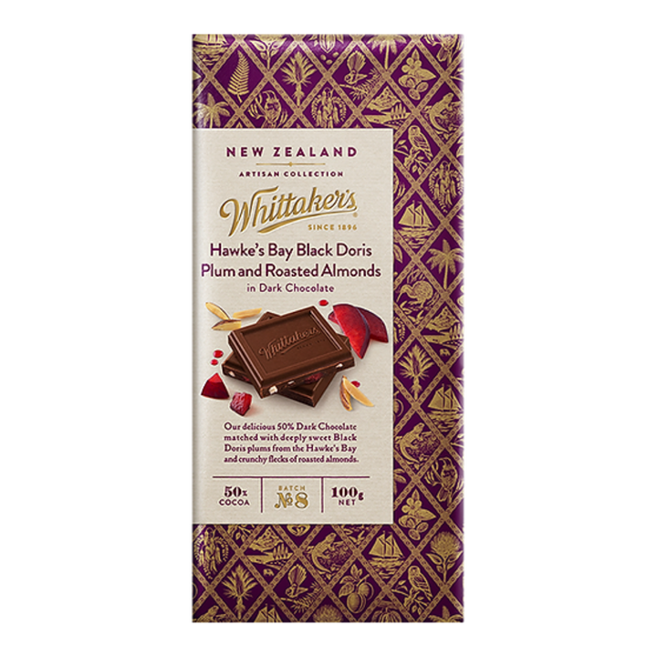 Hawkes Bay Plum Almond Dark 100g | Auckland Grocery Delivery Get Hawkes Bay Plum Almond Dark 100g delivered to your doorstep by your local Auckland grocery delivery. Shop Paddock To Pantry. Convenient online food shopping in NZ | Grocery Delivery Auckland | Grocery Delivery Nationwide | Fruit Baskets NZ | Online Food Shopping NZ Whittaker’s Hawke’s Bay Plum & Almond in Dark Chocolate is a luscious blend of rich 50% dark chocolate, tangy Hawke’s Bay plums, and crunchy roasted almonds.