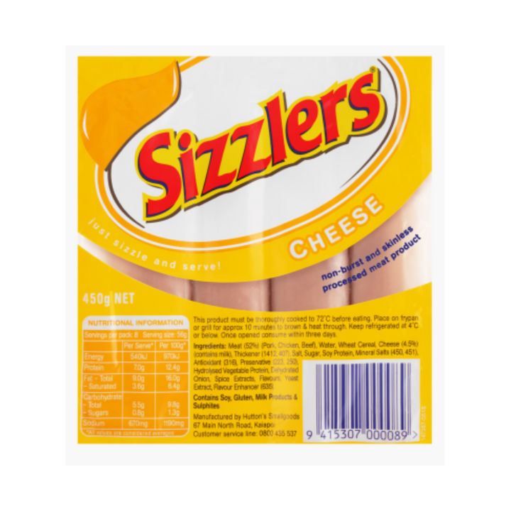 Sizzlers Cheese Sausages | Auckland Grocery Delivery Get Sizzlers Cheese Sausages delivered to your doorstep by your local Auckland grocery delivery. Shop Paddock To Pantry. Convenient online food shopping in NZ | Grocery Delivery Auckland | Grocery Delivery Nationwide | Fruit Baskets NZ | Online Food Shopping NZ Hellers Sizzlers 450g – family-favourite sausages made with quality NZ meat. Quick to cook and perfect for kids’ meals or weekend BBQs!