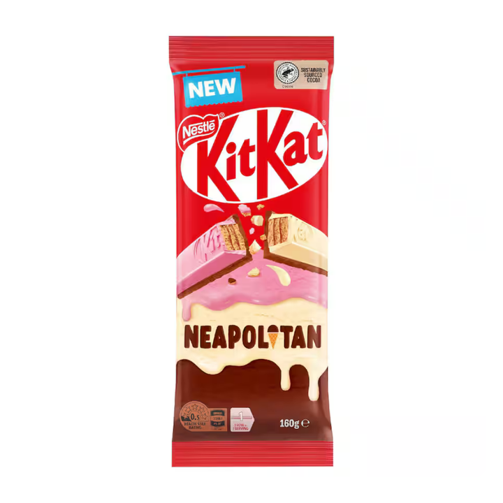 KIT KAT Neapolitan Block 160g | Auckland Grocery Delivery Get KIT KAT Neapolitan Block 160g delivered to your doorstep by your local Auckland grocery delivery. Shop Paddock To Pantry. Convenient online food shopping in NZ | Grocery Delivery Auckland | Grocery Delivery Nationwide | Fruit Baskets NZ | Online Food Shopping NZ Shop KIT KAT Neapolitan Block 160g at Paddock to Pantry – your online supermarket for chocolate delivery and express grocery service NZ-wide.