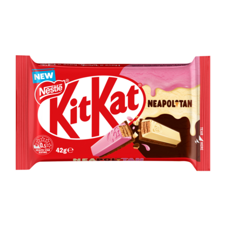 Kit Kat Neapolitan Bar 42g | Auckland Grocery Delivery Get Kit Kat Neapolitan Bar 42g delivered to your doorstep by your local Auckland grocery delivery. Shop Paddock To Pantry. Convenient online food shopping in NZ | Grocery Delivery Auckland | Grocery Delivery Nationwide | Fruit Baskets NZ | Online Food Shopping NZ Enjoy the flavour trio in KIT KAT Neapolitan Bar 42g – shop now at Paddock to Pantry for fast NZ-wide chocolate and snack delivery.