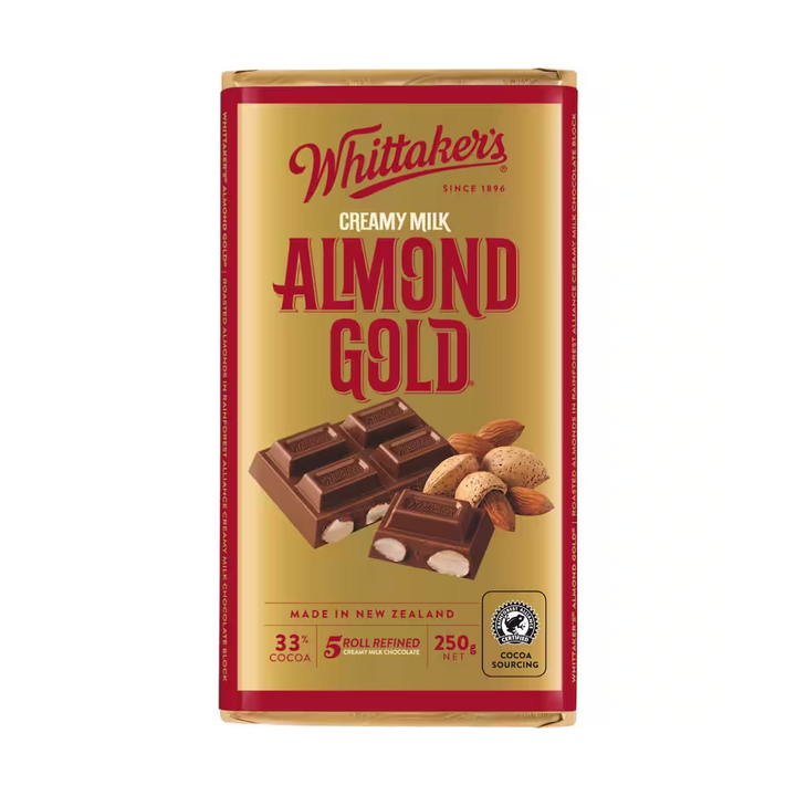 Whittaker's Almond Gold 250g | Auckland Grocery Delivery Get Whittaker's Almond Gold 250g delivered to your doorstep by your local Auckland grocery delivery. Shop Paddock To Pantry. Convenient online food shopping in NZ | Grocery Delivery Auckland | Grocery Delivery Nationwide | Fruit Baskets NZ | Online Food Shopping NZ Shop Whittaker’s Almond Gold 250g at Paddock to Pantry – creamy milk chocolate with roasted almonds, delivered fast from your trusted NZ online supermarket.