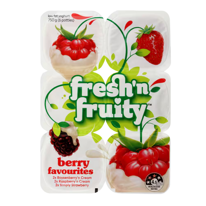 Fresh 'n Fruity Yoghurt Berry Favourites 6pk | Auckland Grocery Delivery Get Fresh 'n Fruity Yoghurt Berry Favourites 6pk delivered to your doorstep by your local Auckland grocery delivery. Shop Paddock To Pantry. Convenient online food shopping in NZ | Grocery Delivery Auckland | Grocery Delivery Nationwide | Fruit Baskets NZ | Online Food Shopping NZ Real fruit and fresh New Zealand dairy combine to create the delicious Fresh’n Fruity, what’s not to love? Shop groceries online today.