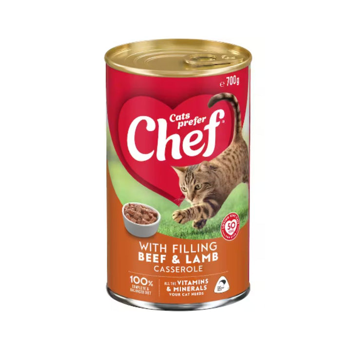 Chef Cat food Beef & Lamb 700g | Auckland Grocery Delivery Get Chef Cat food Beef & Lamb 700g delivered to your doorstep by your local Auckland grocery delivery. Shop Paddock To Pantry. Convenient online food shopping in NZ | Grocery Delivery Auckland | Grocery Delivery Nationwide | Fruit Baskets NZ | Online Food Shopping NZ Indulge your feline companion with Chef Cat food Beef & Lamb. This premium wet food features a casserole-style texture filled with mouth-watering beef and lamb. 