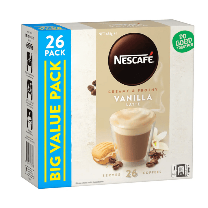 Nescafe Vanliia Latte Sachets 481g | Auckland Grocery Delivery Get Nescafe Vanliia Latte Sachets 481g delivered to your doorstep by your local Auckland grocery delivery. Shop Paddock To Pantry. Convenient online food shopping in NZ | Grocery Delivery Auckland | Grocery Delivery Nationwide | Fruit Baskets NZ | Online Food Shopping NZ Nescafe Vanilla Latte Sachets 481g Savour an indulgent frothy moment with nescafe cafe everyday vanilla coffee sachets. 