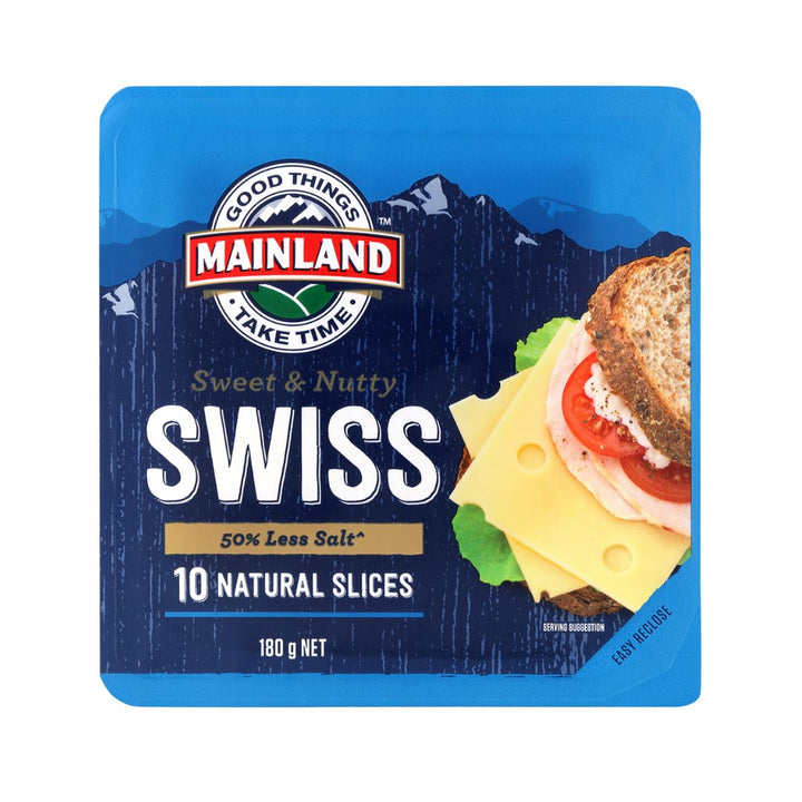 Mainland Swiss Cheese Slices 180g | Auckland Grocery Delivery Get Mainland Swiss Cheese Slices 180g delivered to your doorstep by your local Auckland grocery delivery. Shop Paddock To Pantry. Convenient online food shopping in NZ | Grocery Delivery Auckland | Grocery Delivery Nationwide | Fruit Baskets NZ | Online Food Shopping NZ Introducing Mainland Swiss Cheese Slices. Our classic Swiss-style cheese bursts with rich, nutty flavor, perfect for elevating any cold meat sandwich.