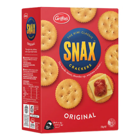Griffins Snax Crackers 250g | Auckland Grocery Delivery Get Griffins Snax Crackers 250g delivered to your doorstep by your local Auckland grocery delivery. Shop Paddock To Pantry. Convenient online food shopping in NZ | Grocery Delivery Auckland | Grocery Delivery Nationwide | Fruit Baskets NZ | Online Food Shopping NZ Griffins Snax 135g Griffin's Snax Original Crackers are a popular Kiwi favourite. A melt in your mouth cracker that will suit a variety of toppings.