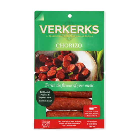 Verkerks Chorizo Sticks | Auckland Grocery Delivery Get Verkerks Chorizo Sticks delivered to your doorstep by your local Auckland grocery delivery. Shop Paddock To Pantry. Convenient online food shopping in NZ | Grocery Delivery Auckland | Grocery Delivery Nationwide | Fruit Baskets NZ | Online Food Shopping NZ Verkerks Chorzio Sticks pack are full of protein and flavour in every bite! Shop with NZ's Online Grocery store Paddock To Pantry!