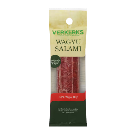 Verkerks Wagyu Salami | Auckland Grocery Delivery Get Verkerks Wagyu Salami delivered to your doorstep by your local Auckland grocery delivery. Shop Paddock To Pantry. Convenient online food shopping in NZ | Grocery Delivery Auckland | Grocery Delivery Nationwide | Fruit Baskets NZ | Online Food Shopping NZ Verkerks Salami Sticks - Made from 100% Wagyu Beef, these are the perfect lunchbox snack delivered right to your door.