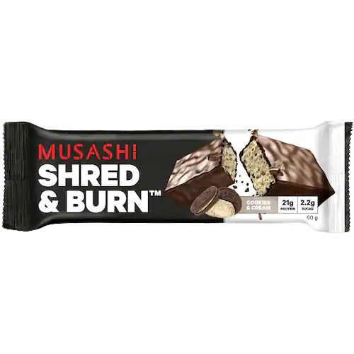 Musashi Shred & Burn Protein Bar Cookies & Cream 60g | Auckland Grocery Delivery Get Musashi Shred & Burn Protein Bar Cookies & Cream 60g delivered to your doorstep by your local Auckland grocery delivery. Shop Paddock To Pantry. Convenient online food shopping in NZ | Grocery Delivery Auckland | Grocery Delivery Nationwide | Fruit Baskets NZ | Online Food Shopping NZ