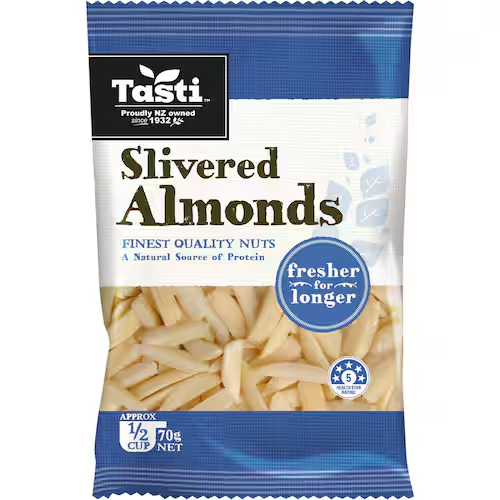 Tasti Almonds Slivered 70g | Auckland Grocery Delivery Get Tasti Almonds Slivered 70g delivered to your doorstep by your local Auckland grocery delivery. Shop Paddock To Pantry. Convenient online food shopping in NZ | Grocery Delivery Auckland | Grocery Delivery Nationwide | Fruit Baskets NZ | Online Food Shopping NZ Fresh Tasti Slivered Almonds – perfect for baking. Grocery delivery NZ-wide.