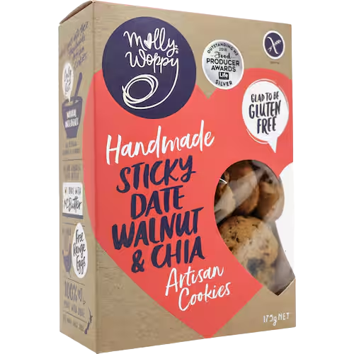 Molly Woppy Gluten Free Cookies Sticky Date Walnut & Chia 175g | Auckland Grocery Delivery Get Molly Woppy Gluten Free Cookies Sticky Date Walnut & Chia 175g delivered to your doorstep by your local Auckland grocery delivery. Shop Paddock To Pantry. Convenient online food shopping in NZ | Grocery Delivery Auckland | Grocery Delivery Nationwide | Fruit Baskets NZ | Online Food Shopping NZ Molly Woppy Gluten Free Sticky Date Walnut Cookies – shop online food shopping NZ with delivery.