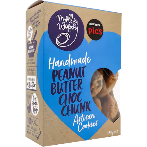 Molly Woppy Cookies Peanut Butter Choc Chunk 185g | Auckland Grocery Delivery Get Molly Woppy Cookies Peanut Butter Choc Chunk 185g delivered to your doorstep by your local Auckland grocery delivery. Shop Paddock To Pantry. Convenient online food shopping in NZ | Grocery Delivery Auckland | Grocery Delivery Nationwide | Fruit Baskets NZ | Online Food Shopping NZ Peanut Butter Choc Chunk Cookies from Molly Woppy – order online groceries NZ today.