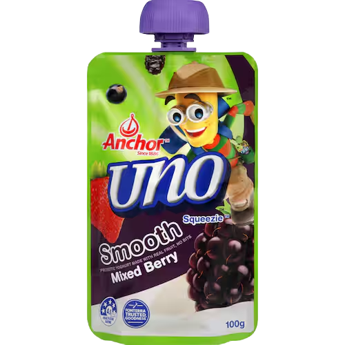 Anchor Uno Yoghurt Pouch Mixed Berry Smooth 100g | Auckland Grocery Delivery Get Anchor Uno Yoghurt Pouch Mixed Berry Smooth 100g delivered to your doorstep by your local Auckland grocery delivery. Shop Paddock To Pantry. Convenient online food shopping in NZ | Grocery Delivery Auckland | Grocery Delivery Nationwide | Fruit Baskets NZ | Online Food Shopping NZ Anchor Uno Mixed Berry Pouches are packed with calcium and real fruit puree kids love. Nutritious, tasty, and easy with convenient grocery delivery N
