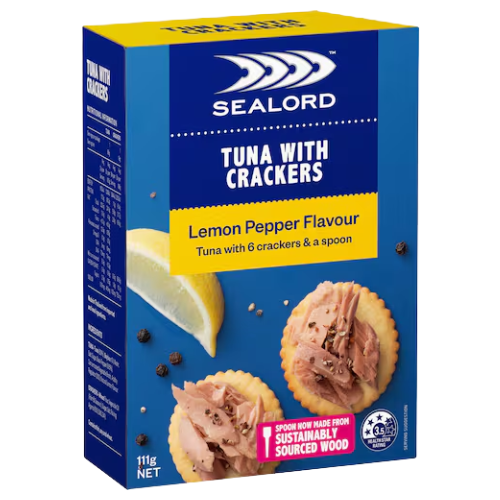 Sealord Lemon Pepper Flavour Tuna With Crackers 111g | Auckland Grocery Delivery Get Sealord Lemon Pepper Flavour Tuna With Crackers 111g delivered to your doorstep by your local Auckland grocery delivery. Shop Paddock To Pantry. Convenient online food shopping in NZ | Grocery Delivery Auckland | Grocery Delivery Nationwide | Fruit Baskets NZ | Online Food Shopping NZ Sealord Tuna & Crackers Lemon Pepper: a tasty, protein-packed snack with omega-3s. Great on the go. Your trusted online grocery delivery NZ.