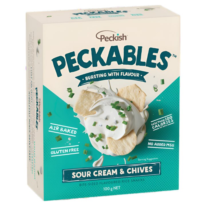 Peckish Peckables Sour Cream & Chives 100g | Auckland Grocery Delivery Get Peckish Peckables Sour Cream & Chives 100g delivered to your doorstep by your local Auckland grocery delivery. Shop Paddock To Pantry. Convenient online food shopping in NZ | Grocery Delivery Auckland | Grocery Delivery Nationwide | Fruit Baskets NZ | Online Food Shopping NZ Peckish Peckables are light, butthey're not light on flavour - with each crunch you'll get a delicious hit of flavour! Get as part of your Supermarket Delivery.