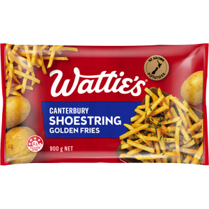 Watties Shoestring Golden Fries 900g | Auckland Grocery Delivery Get Watties Shoestring Golden Fries 900g delivered to your doorstep by your local Auckland grocery delivery. Shop Paddock To Pantry. Convenient online food shopping in NZ | Grocery Delivery Auckland | Grocery Delivery Nationwide | Fruit Baskets NZ | Online Food Shopping NZ Crispy, golden Wattie’s® Shoestring Fries made with NZ potatoes & canola oil. Low in saturated fat with convenient online grocery delivery NZ.