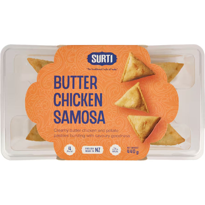 Surti Butter Chicken Samosa - 4 pack | Auckland Grocery Delivery Get Surti Butter Chicken Samosa - 4 pack delivered to your doorstep by your local Auckland grocery delivery. Shop Paddock To Pantry. Convenient online food shopping in NZ | Grocery Delivery Auckland | Grocery Delivery Nationwide | Fruit Baskets NZ | Online Food Shopping NZ 