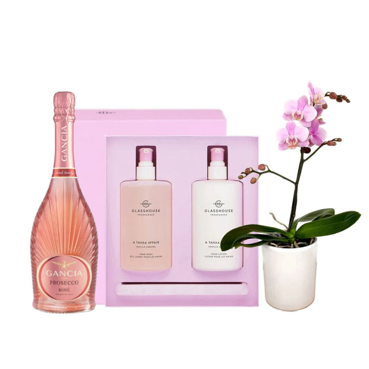 Glasshouse Handcare Duo Bundle - A Tahaa Affair Luxury Glasshouse Handcare Duo gift bundle with Gancia Rosé and a flowering plant. Beautifully presented for nationwide NZ delivery.