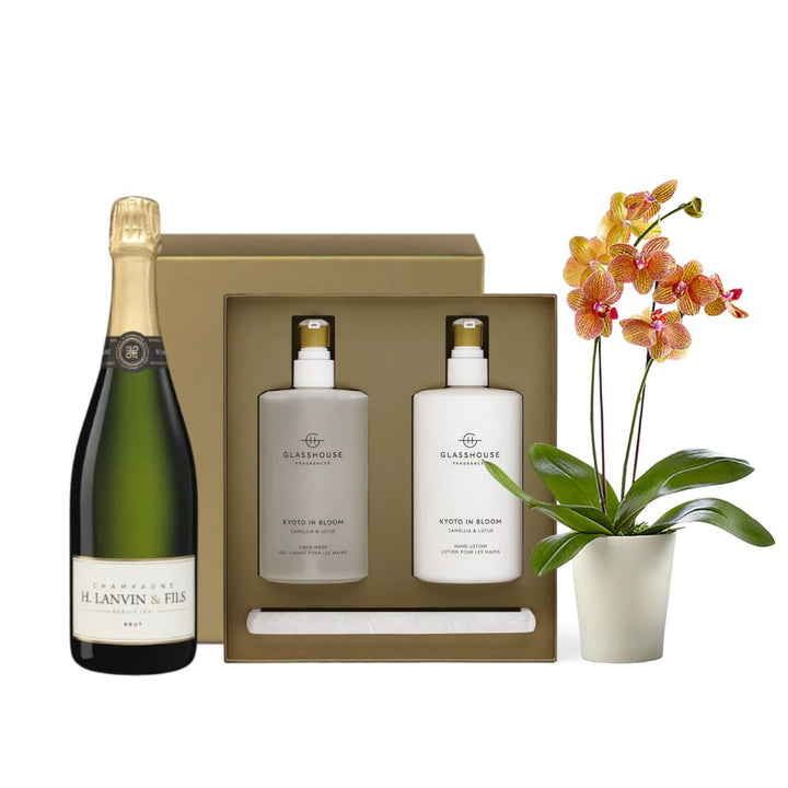 Glasshouse Handcare Duo Bundle - Kyoto in Bloom | Auckland Grocery Delivery Get Glasshouse Handcare Duo Bundle - Kyoto in Bloom delivered to your doorstep by your local Auckland grocery delivery. Shop Paddock To Pantry. Convenient online food shopping in NZ | Grocery Delivery Auckland | Grocery Delivery Nationwide | Fruit Baskets NZ | Online Food Shopping NZ Luxury Glasshouse Kyoto in Bloom gift bundle with Champagne and a flowering plant. Beautifully presented for nationwide NZ delivery.