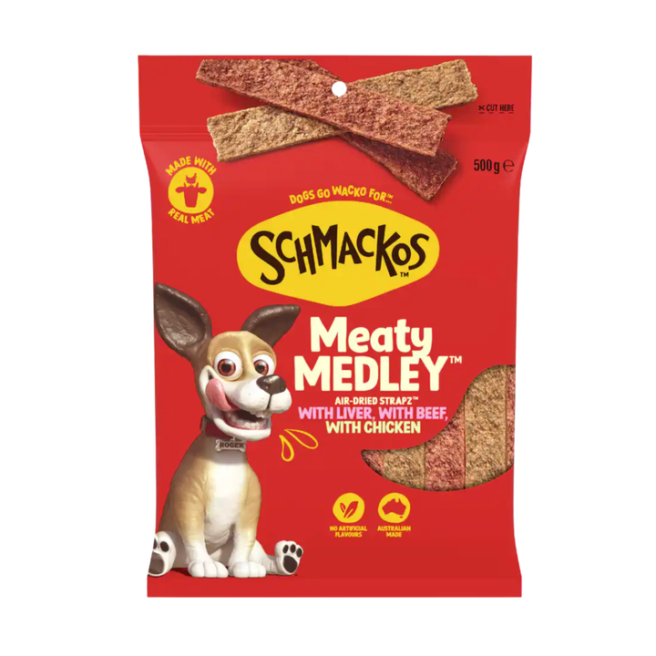 Schmackos Dog Treats Strapz Variety Pack 500g | Auckland Grocery Delivery Get Schmackos Dog Treats Strapz Variety Pack 500g delivered to your doorstep by your local Auckland grocery delivery. Shop Paddock To Pantry. Convenient online food shopping in NZ | Grocery Delivery Auckland | Grocery Delivery Nationwide | Fruit Baskets NZ | Online Food Shopping NZ Schmackos Strapz 500g variety pack dog treats. Beef, liver & chicken, 95% fat-free, real meat. Fresh in resealable bag. NZ-wide delivery available.