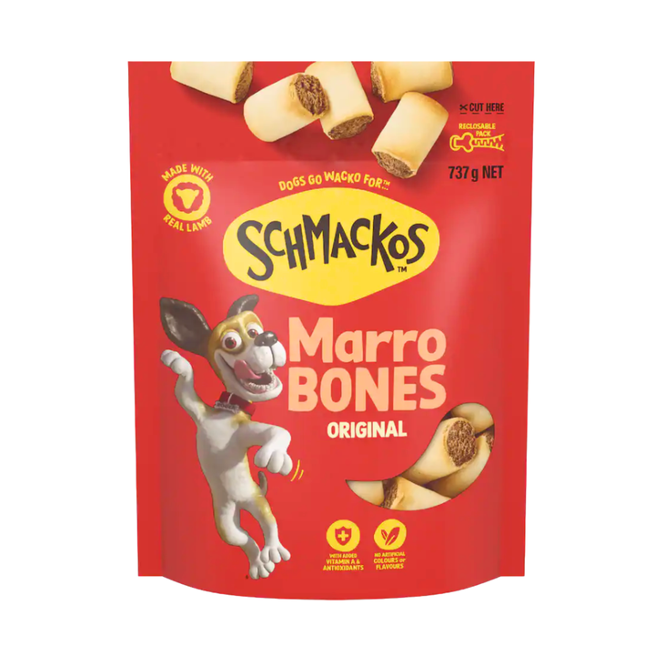 Schmackos Dog Treats Marrowbones 737g | Auckland Grocery Delivery Get Schmackos Dog Treats Marrowbones 737g delivered to your doorstep by your local Auckland grocery delivery. Shop Paddock To Pantry. Convenient online food shopping in NZ | Grocery Delivery Auckland | Grocery Delivery Nationwide | Fruit Baskets NZ | Online Food Shopping NZ Schmackos Marrobones 737g dog treats. Crunchy biscuit with meaty centre, enriched with vitamins & calcium. Fresh in resealable bag. NZ-wide delivery.