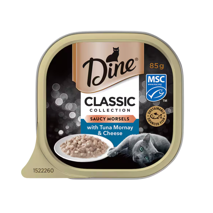 Dine Classic Collection Wet Cat Food With Tuna Mornay & Cheese 85g | Auckland Grocery Delivery Get Dine Classic Collection Wet Cat Food With Tuna Mornay & Cheese 85g delivered to your doorstep by your local Auckland grocery delivery. Shop Paddock To Pantry. Convenient online food shopping in NZ | Grocery Delivery Auckland | Grocery Delivery Nationwide | Fruit Baskets NZ | Online Food Shopping NZ Dine® Saucy Morsels Tuna Mornay & Cheese wet cat food. 100% complete & balanced, enriched with vitamins & mineral