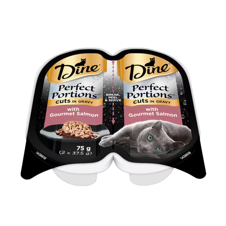 Dine Perfect Portions Wet Cat Food Cuts In Gravy Gourmet Salmon 2x37.5g | Auckland Grocery Delivery Get Dine Perfect Portions Wet Cat Food Cuts In Gravy Gourmet Salmon 2x37.5g delivered to your doorstep by your local Auckland grocery delivery. Shop Paddock To Pantry. Convenient online food shopping in NZ | Grocery Delivery Auckland | Grocery Delivery Nationwide | Fruit Baskets NZ | Online Food Shopping NZ Dine® Perfect Portions Gourmet Salmon wet cat food. Grain-free, real protein, vitamins & minerals. Sing