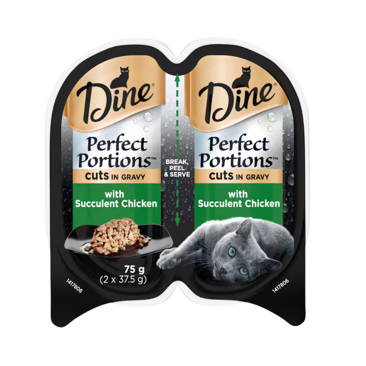Dine Perfect Portions Wet Cat Food Cuts In Gravy with Chicken 2x37.5g | Auckland Grocery Delivery Get Dine Perfect Portions Wet Cat Food Cuts In Gravy with Chicken 2x37.5g delivered to your doorstep by your local Auckland grocery delivery. Shop Paddock To Pantry. Convenient online food shopping in NZ | Grocery Delivery Auckland | Grocery Delivery Nationwide | Fruit Baskets NZ | Online Food Shopping NZ Dine® Perfect Portions Succulent Chicken. Grain-free cuts in gravy with real protein, vitamins & minerals. 
