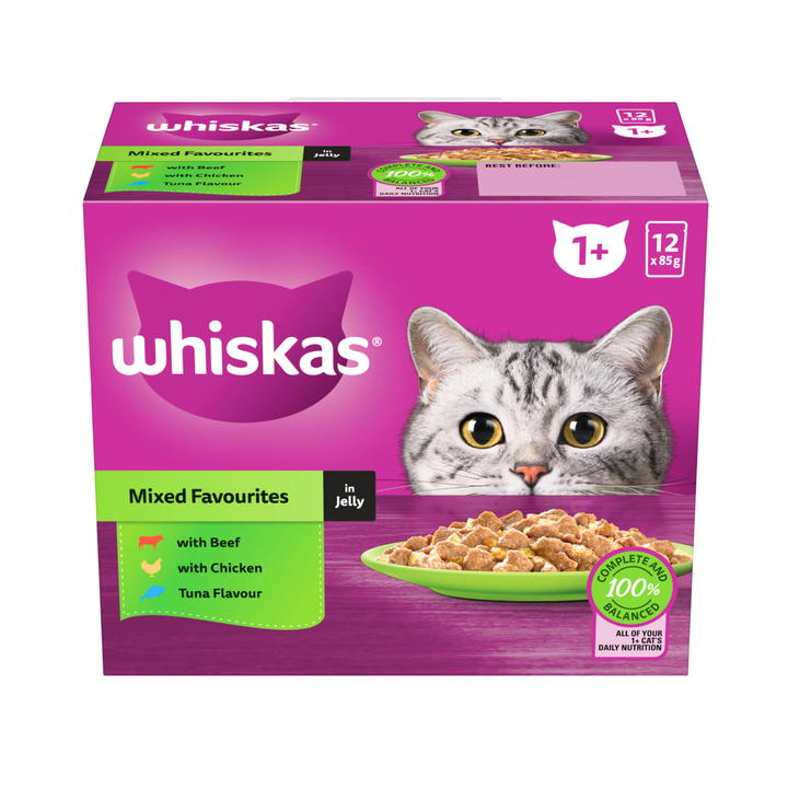 Whiskas Mixed Favourites in Jelly Adult Wet Cat Food 12X85G | Auckland Grocery Delivery Get Whiskas Mixed Favourites in Jelly Adult Wet Cat Food 12X85G delivered to your doorstep by your local Auckland grocery delivery. Shop Paddock To Pantry. Convenient online food shopping in NZ | Grocery Delivery Auckland | Grocery Delivery Nationwide | Fruit Baskets NZ | Online Food Shopping NZ Complete & balanced wet cat food in jelly with quality protein, omega 6, zinc & calcium. Supports skin, coat, bones & urinary h