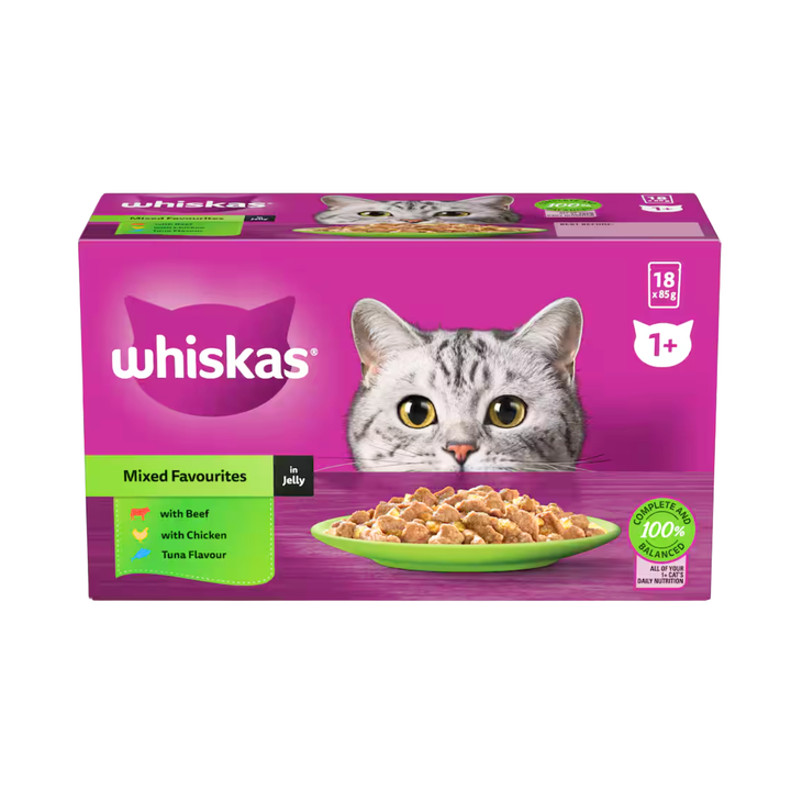 Whiskas Mixed Favourites in Jelly Adult Wet Cat Food 18X85G | Auckland Grocery Delivery Get Whiskas Mixed Favourites in Jelly Adult Wet Cat Food 18X85G delivered to your doorstep by your local Auckland grocery delivery. Shop Paddock To Pantry. Convenient online food shopping in NZ | Grocery Delivery Auckland | Grocery Delivery Nationwide | Fruit Baskets NZ | Online Food Shopping NZ Complete & balanced wet cat food in jelly with quality protein, omega 6, zinc & calcium. Supports coat, bones & urinary health.