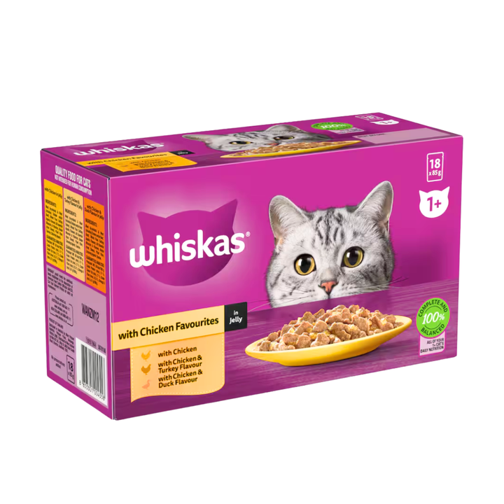 Whiskas Wet Cat Food Chicken Favourites In Jelly 18x85g | Auckland Grocery Delivery Get Whiskas Wet Cat Food Chicken Favourites In Jelly 18x85g delivered to your doorstep by your local Auckland grocery delivery. Shop Paddock To Pantry. Convenient online food shopping in NZ | Grocery Delivery Auckland | Grocery Delivery Nationwide | Fruit Baskets NZ | Online Food Shopping NZ Complete & balanced wet Chicken cat food in jelly. With protein, vitamins, omega 6, zinc & calcium. Natural ingredients, no preservativ
