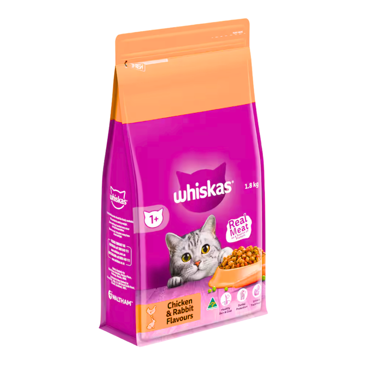 Whiskas Dry Cat Food Chicken & Rabbit 1.8kg | Auckland Grocery Delivery Get Whiskas Dry Cat Food Chicken & Rabbit 1.8kg delivered to your doorstep by your local Auckland grocery delivery. Shop Paddock To Pantry. Convenient online food shopping in NZ | Grocery Delivery Auckland | Grocery Delivery Nationwide | Fruit Baskets NZ | Online Food Shopping NZ WHISKAS® 1+ Years Dry Cat Food. Complete & balanced with real meat, vitamins & minerals. Supports skin, coat, dental & urinary health. NZ-wide delivery.
