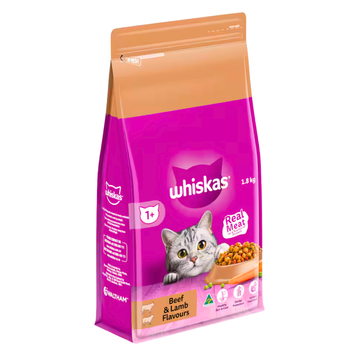 Whiskas Dry Cat Food Beef & Lamb 1.8kg | Auckland Grocery Delivery Get Whiskas Dry Cat Food Beef & Lamb 1.8kg delivered to your doorstep by your local Auckland grocery delivery. Shop Paddock To Pantry. Convenient online food shopping in NZ | Grocery Delivery Auckland | Grocery Delivery Nationwide | Fruit Baskets NZ | Online Food Shopping NZ WHISKAS® 1+ Years Dry Cat Food. Complete & balanced with real meat, vitamins & minerals. Supports skin, coat, dental & urinary health. NZ-wide delivery.