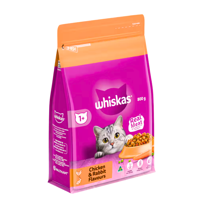 Whiskas Dry Cat Food Chicken & Rabbit 800g | Auckland Grocery Delivery Get Whiskas Dry Cat Food Chicken & Rabbit 800g delivered to your doorstep by your local Auckland grocery delivery. Shop Paddock To Pantry. Convenient online food shopping in NZ | Grocery Delivery Auckland | Grocery Delivery Nationwide | Fruit Baskets NZ | Online Food Shopping NZ WHISKAS® 1+ Years Dry Cat Food. Complete & balanced with real Chicken, vitamins & minerals. Supports skin, coat, dental & urinary health. NZ-wide delivery.