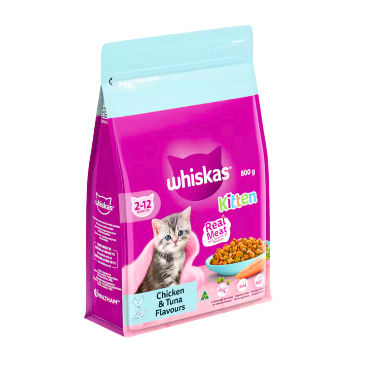 Whiskas Dry Kitten Food Chicken & Tuna 800g | Auckland Grocery Delivery Get Whiskas Dry Kitten Food Chicken & Tuna 800g delivered to your doorstep by your local Auckland grocery delivery. Shop Paddock To Pantry. Convenient online food shopping in NZ | Grocery Delivery Auckland | Grocery Delivery Nationwide | Fruit Baskets NZ | Online Food Shopping NZ WHISKAS® Kitten Food. Complete nutrition with 41 essential nutrients, real meat, small kibble for tiny mouths. Supports growth, teeth & bones. NZ delivery.