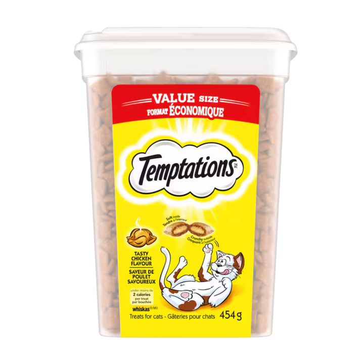 Temptations Cat Treats Tasty Chicken Tub 454g | Auckland Grocery Delivery Get Temptations Cat Treats Tasty Chicken Tub 454g delivered to your doorstep by your local Auckland grocery delivery. Shop Paddock To Pantry. Convenient online food shopping in NZ | Grocery Delivery Auckland | Grocery Delivery Nationwide | Fruit Baskets NZ | Online Food Shopping NZ Temptations Tasty Chicken Cat Treats 454g tub. Crunchy outside, soft centre, under 2 calories per treat. No artificial flavours. NZ-wide delivery available