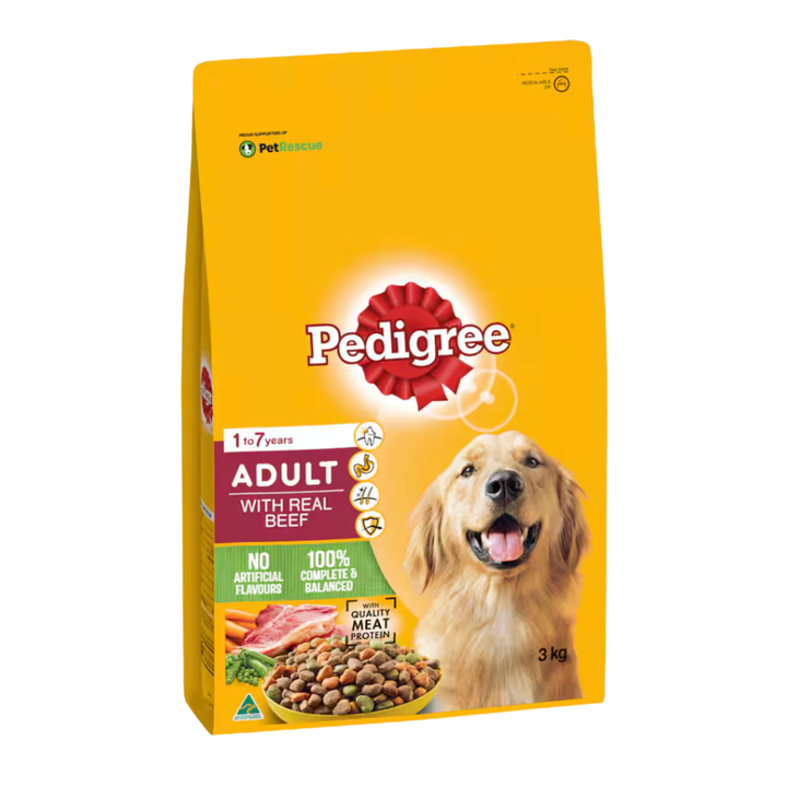 Pedigree Dry Dog Food With Real Beef 3kg | Auckland Grocery Delivery Get Pedigree Dry Dog Food With Real Beef 3kg delivered to your doorstep by your local Auckland grocery delivery. Shop Paddock To Pantry. Convenient online food shopping in NZ | Grocery Delivery Auckland | Grocery Delivery Nationwide | Fruit Baskets NZ | Online Food Shopping NZ Pedigree Adult Dry Dog Food with real beef. Supports digestion, immunity, skin & coat, healthy bones. Affordable NZ-wide pet food delivery.