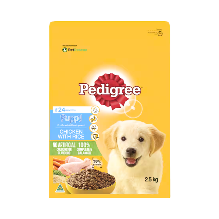 Pedigree Puppy Dry Dog Food Chicken & Rice 2.5kg | Auckland Grocery Delivery Get Pedigree Puppy Dry Dog Food Chicken & Rice 2.5kg delivered to your doorstep by your local Auckland grocery delivery. Shop Paddock To Pantry. Convenient online food shopping in NZ | Grocery Delivery Auckland | Grocery Delivery Nationwide | Fruit Baskets NZ | Online Food Shopping NZ Pedigree Puppy Dry Dog Food with chicken & rice. Supports growth, immunity, digestion, skin & coat. Affordable NZ-wide puppy food delivery.