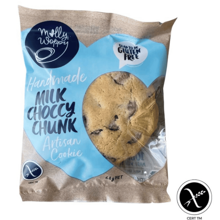 Molly Woppy Milk Choccy Chunk Single Cookie - GF | Auckland Grocery Delivery Get Molly Woppy Milk Choccy Chunk Single Cookie - GF delivered to your doorstep by your local Auckland grocery delivery. Shop Paddock To Pantry. Convenient online food shopping in NZ | Grocery Delivery Auckland | Grocery Delivery Nationwide | Fruit Baskets NZ | Online Food Shopping NZ A combination of rich chocolate and buttery sweetness. Available for delivery to your doorstep with Paddock To Pantry’s Auckland Grocery Delivery. 