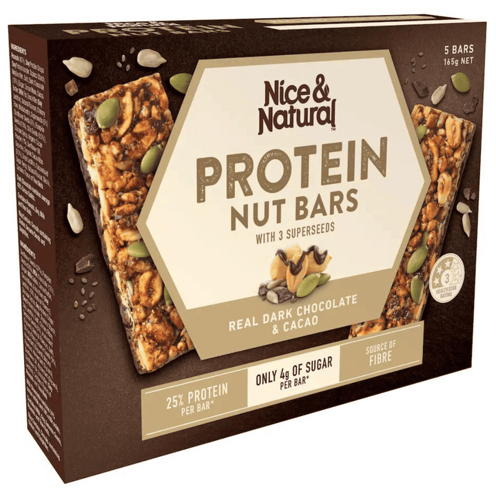Nice & Natural Protein Bars | Auckland Grocery Delivery Get Nice & Natural Protein Bars delivered to your doorstep by your local Auckland grocery delivery. Shop Paddock To Pantry. Convenient online food shopping in NZ | Grocery Delivery Auckland | Grocery Delivery Nationwide | Fruit Baskets NZ | Online Food Shopping NZ Nice & Natural Protein Bars 150g - 5 Bars are a convenient and nutritious snack option packed with protein to fuel your active lifestyle. Available for delivery to your doorstep with Paddock 